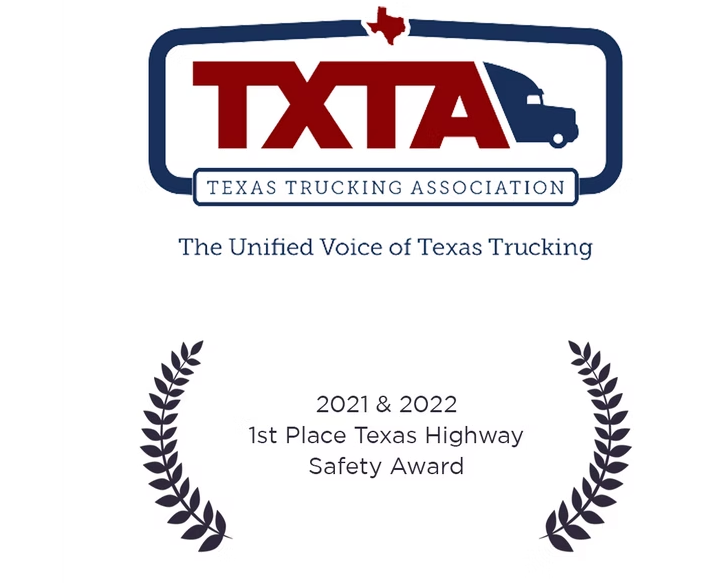 Texas Trucking Association emblem above the award plaque: 2021 and 2022 first place Texas Highway Safety Award