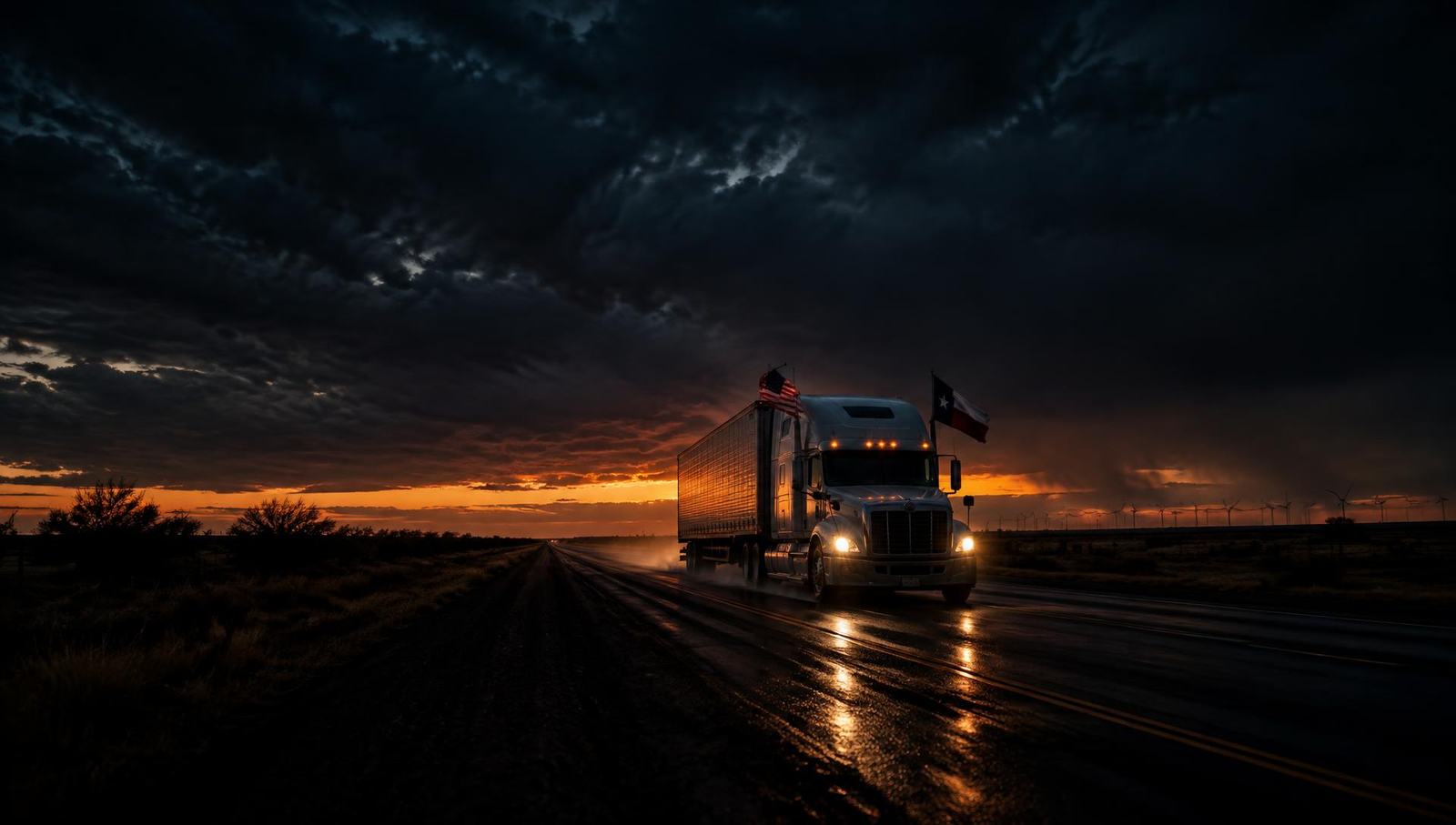American and Texas flags flying from an 18-wheeler driving down a West Texas highway at dusk