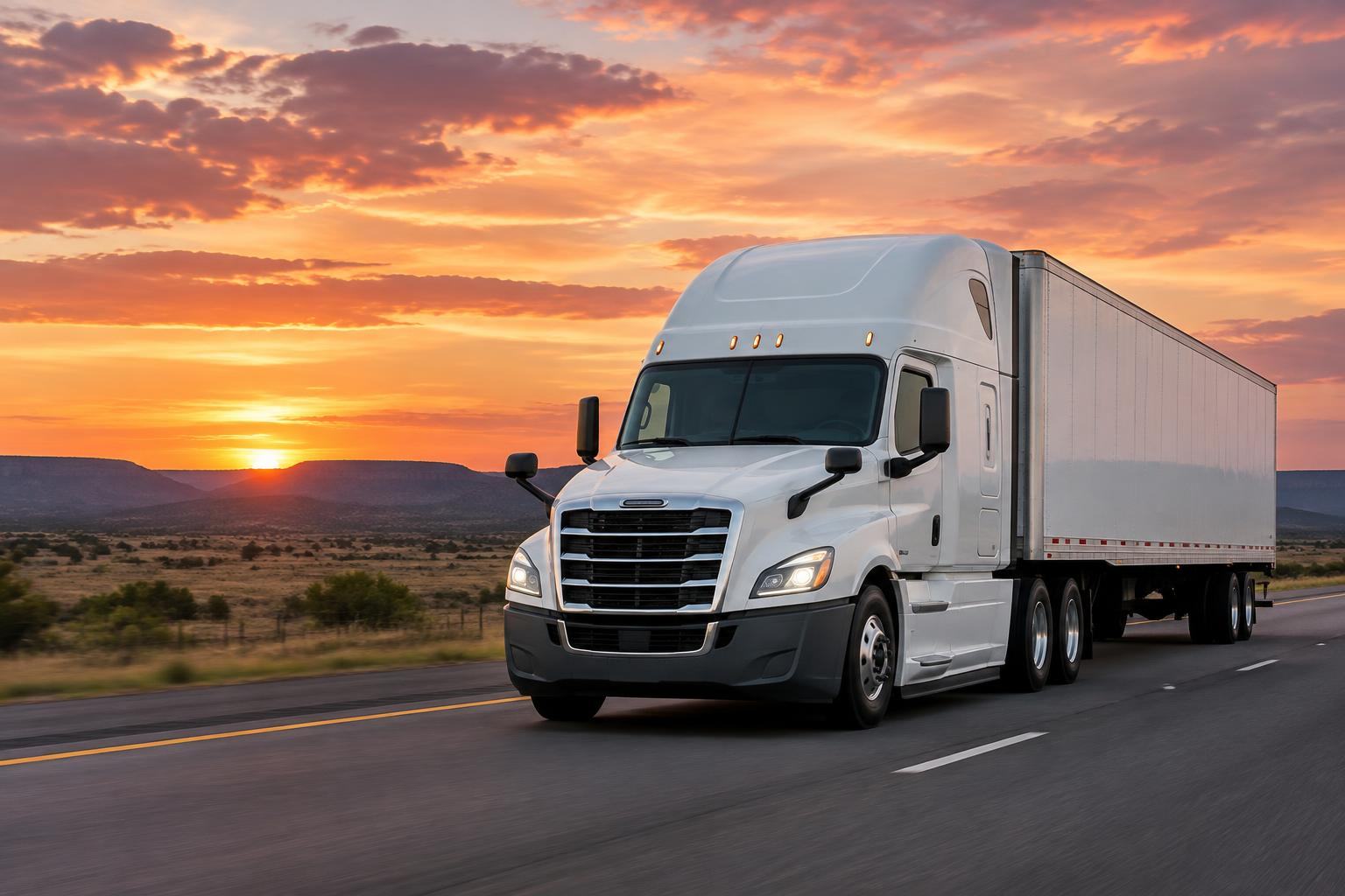 White semi truck and dry van trailer on the highway at sunset